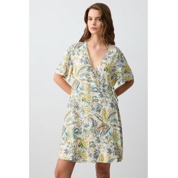Rochie din amestec de in cu decolteu in V - model drapat si floral