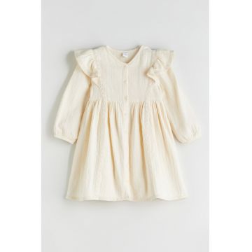 Rochie din bumbac cu maneci lungi si detalii cu volane
