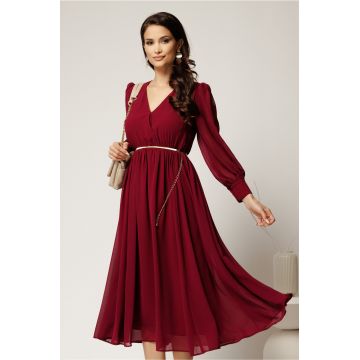 Rochie DY Fashion bordo din voal cu decolteu petrecut si curea in taIie