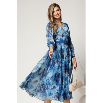 Rochie DY Fashion cu imprimeu albastru din voal cu decolteu petrecut