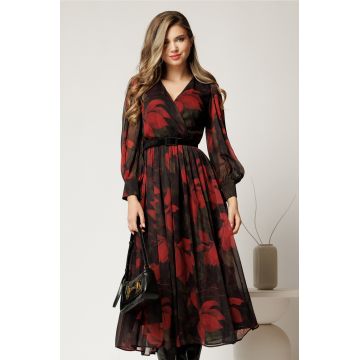 Rochie DY Fashion cu imprimeu bordo din voal cu decolteu petrecut