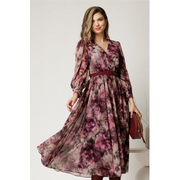 Rochie DY Fashion cu imprimeu magenta din voal cu decolteu petrecut