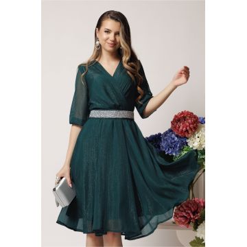 Rochie DY Fashion eleganta din voal verde inchis cu fir stralucitor si cordon
