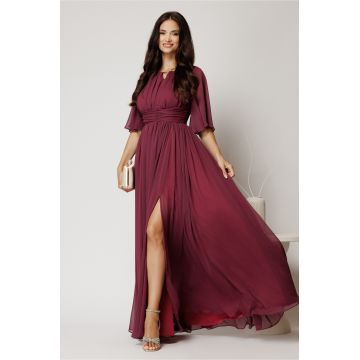 Rochie DY Fashion lunga magenta din voal in clos cu crapatura pe picior