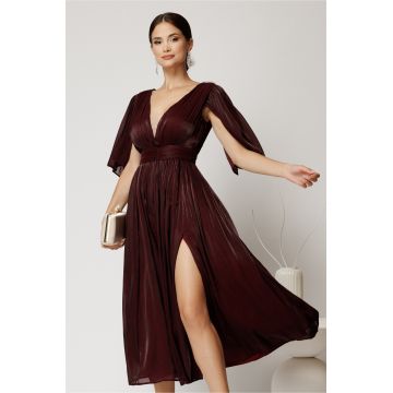 Rochie DY Fashion midi bordo din voal in clos cu aspect sidefat si maneci sparte