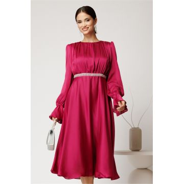 Rochie DY Fashion midi fucsia din voal satinat in clos cu perle in talie