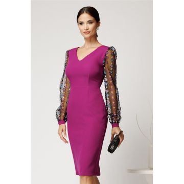 Rochie DY Fashion midi magenta din stofa conica cu maneci din dantela