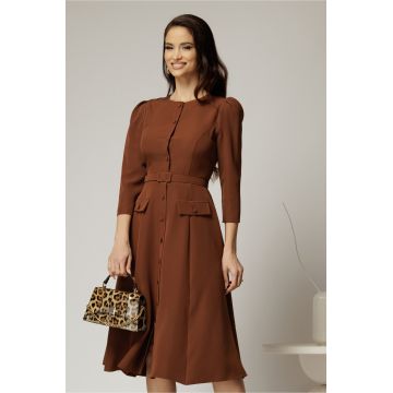 Rochie DY Fashion midi maro din stofa clos cu nasturi si curea