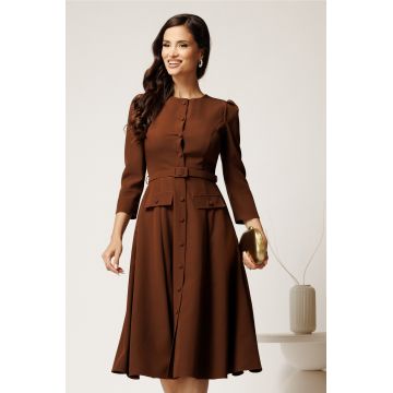 Rochie DY Fashion midi maro din stofa clos cu nasturi si curea
