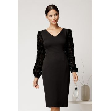 Rochie DY Fashion midi neagra din stofa conica cu maneci din dantela