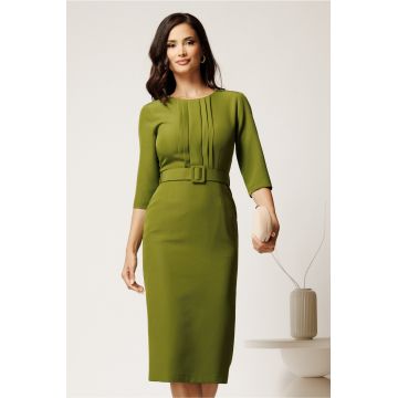 Rochie DY Fashion midi verde crud din stofa conica cu pliuri pe bust si curea in talie