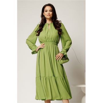Rochie DY Fashion midi verde fistic din voal cu volan