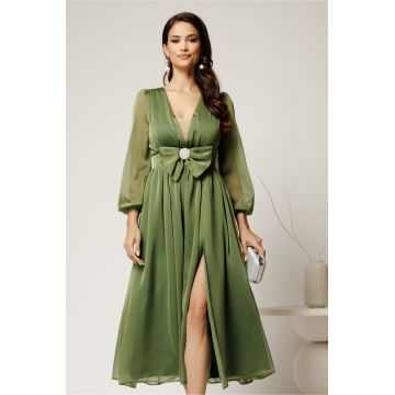 Rochie DY Fashion midi verde fistic din voal in clos cu funda maxi in talie