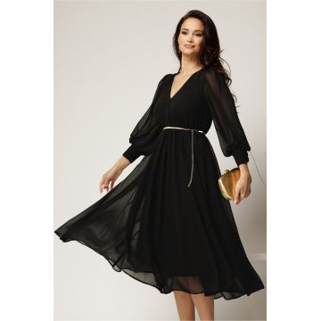 Rochie DY Fashion neagra din voal cu decolteu petrecut si curea in taIie