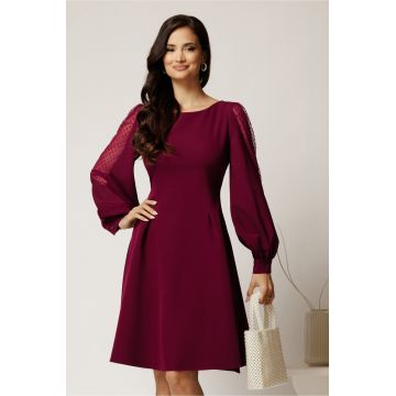 Rochie DY Fashion scurta magenta din stofa in clini cu maneci din tull cu buline