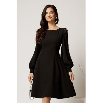 Rochie DY Fashion scurta neagra din stofa in clini cu maneci din tull cu buline