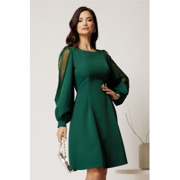 Rochie DY Fashion scurta verde din stofa in clini cu maneci din tull cu buline
