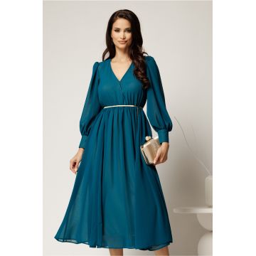 Rochie DY Fashion turcoaz din voal cu decolteu petrecut si curea in taIie
