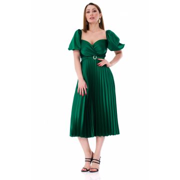 Rochie eleganta plisata midi din satin verde cu maneca scurta Adelina