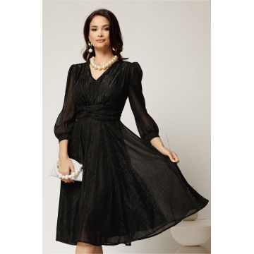 Rochie Gina midi neagra din voal cu fir lurex in clos