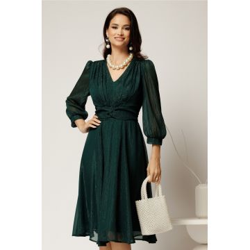 Rochie Gina midi verde din voal cu fir lurex in clos