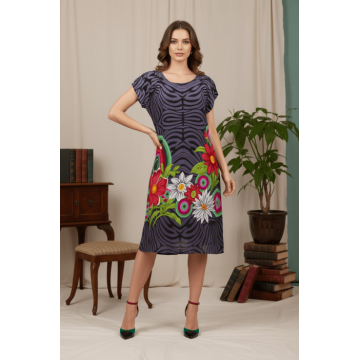 Rochie gri din vascoza cu imprimeu floral colorat