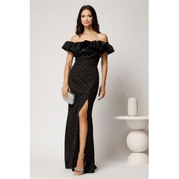 Rochie Hannah lunga neagra din stofa cu strasuri si guler din organza