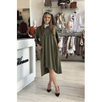 Rochie kaki casual cu guler rotund