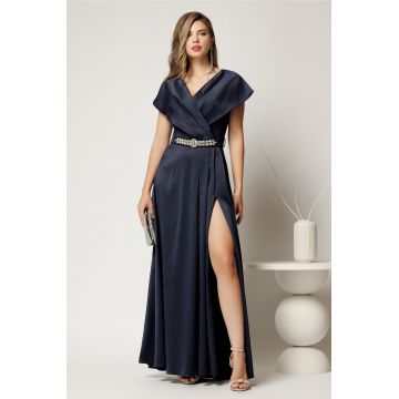 Rochie lunga de seara din tafta bleumarin cu accesoriu pe talie