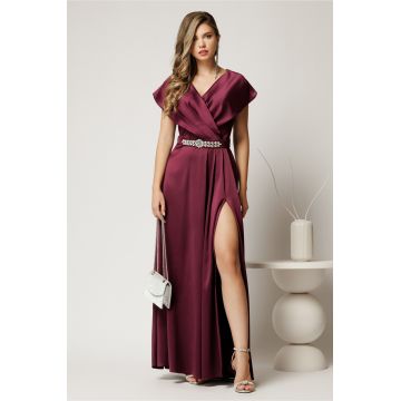 Rochie lunga de seara din tafta mov pruna cu accesoriu pe talie