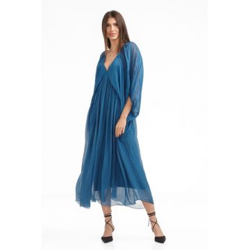 Rochie lunga din matase si vascoza,, cu maneci ample si decolteu adanc, turcoaz inchis