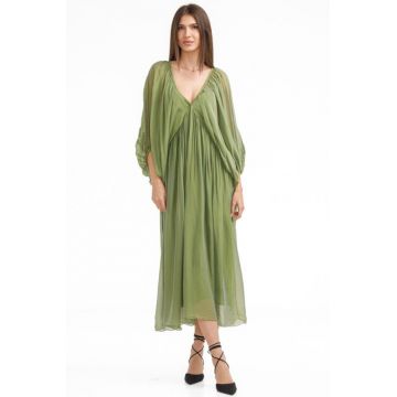Rochie lunga din matase si vascoza,, cu maneci ample si decolteu adanc, verde olive
