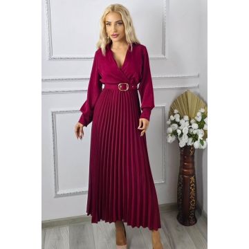 Rochie lunga plisata NOVARA, curea asortata si revere, Rosu Inchis, Marime S/M