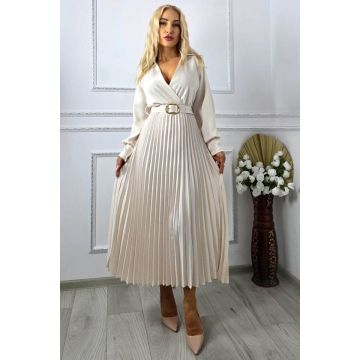 Rochie lunga plisata NOVARA, decolteu petrecut si revere, Crem, Marime S/M