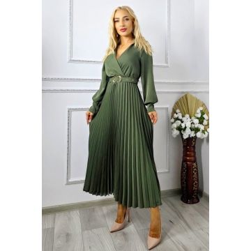 Rochie lunga plisata NOVARA, efect petrecut si revere, Verde Kaki, Marime S/M
