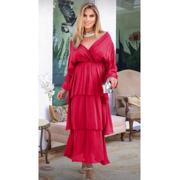 Rochie lunga suprapusa din matase, cu trei volane mari si maneca lunga, fucsia inchis