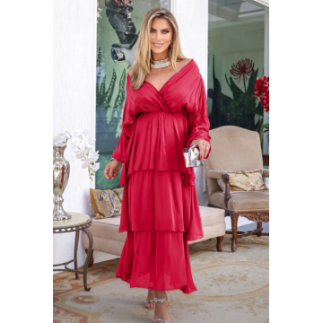 Rochie lunga suprapusa din matase, cu trei volane mari si maneca lunga, fucsia inchis