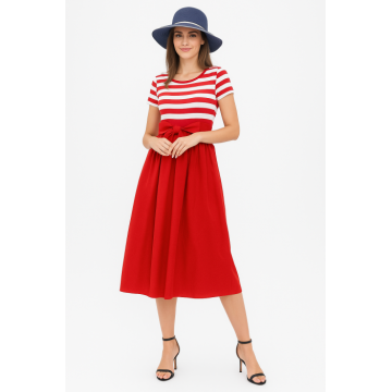Rochie marinar din tricot cu dungi si poplin de bumbac, rosie