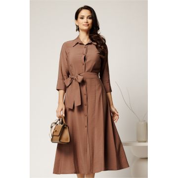 Rochie maro tip camasa din viscoza cu cordon in talie