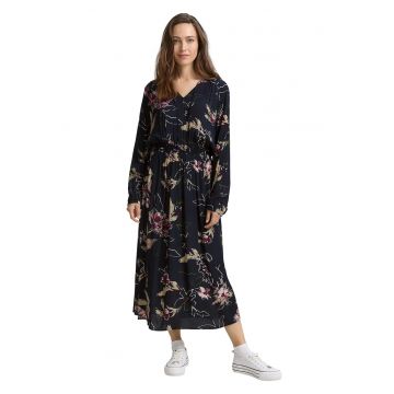 Rochie maxi cu croiala in A si model floral - Roz - Bleumarin -