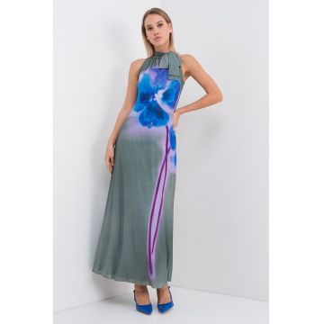 Rochie maxi cu model floral si decolteu cu panglica Lorena