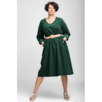Rochie midi A-line din catifea reiata, cu curea, verde inchis