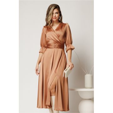 Rochie midi bej de ocazie din voal cu crapatura pe picior
