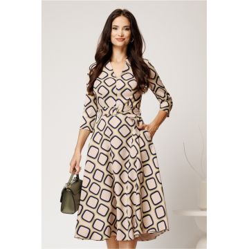 Rochie midi bej din crep cu imprimeu geometric lime si cordon in talie
