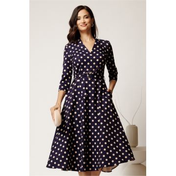 Rochie midi bleumarin cu buline din stofa cu cordon in talie