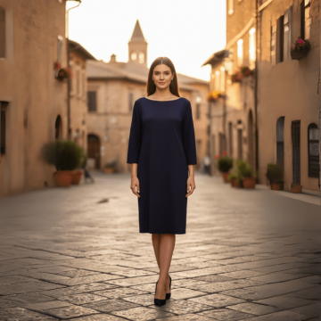 Rochie midi bleumarin cu maneci trei sferturi si croiala dreapta