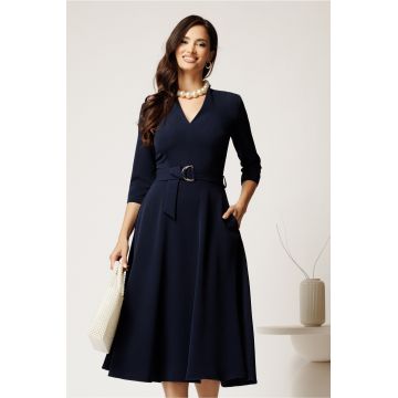 Rochie midi bleumarin din stofa cu cordon in talie
