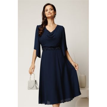 Rochie midi bleumarin din voal cu broderie si paiete la decolteu si in talie
