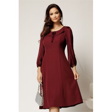 Rochie midi bordo din triplui voal cu maneci si insertii din fir lurex si satin