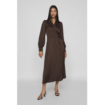 Rochie midi cu croiala petrecuta si aspect satinat